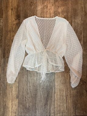 White Sheer Swiss Dot Tie-Front Blouse